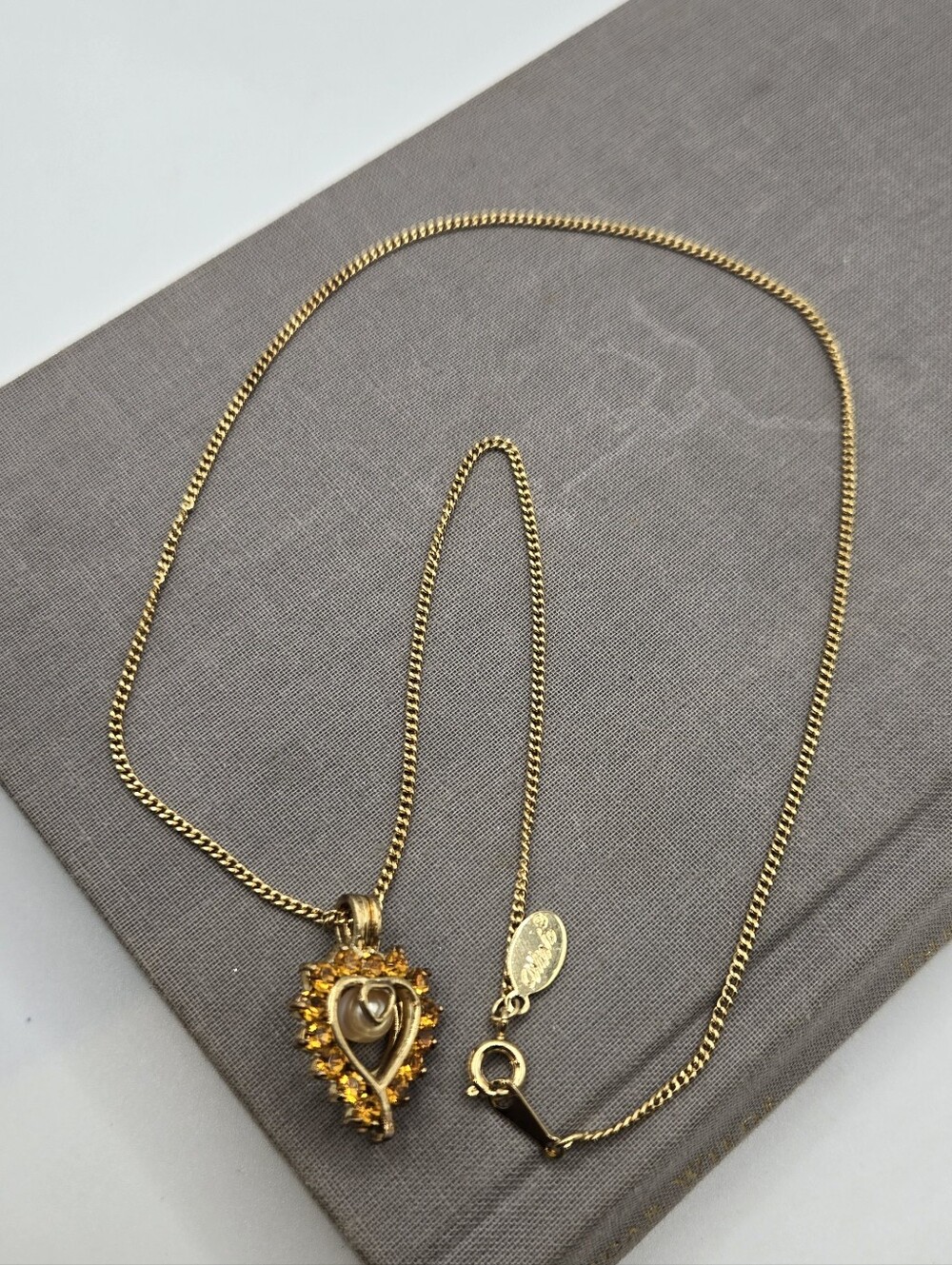 Y2k Yellow CZ Heart Caged Pearl Necklace Dainty Gold Chain 18" Whimsical - Picture 2 of 9